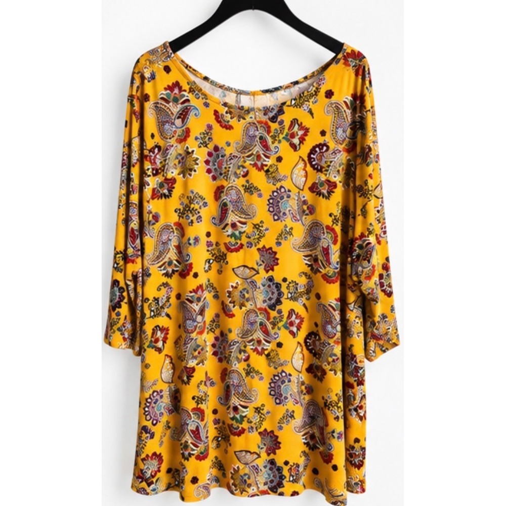 Liz & Me Mustard Yellow Paisley Floral Keyhole Back Tunic Top 2X 92708